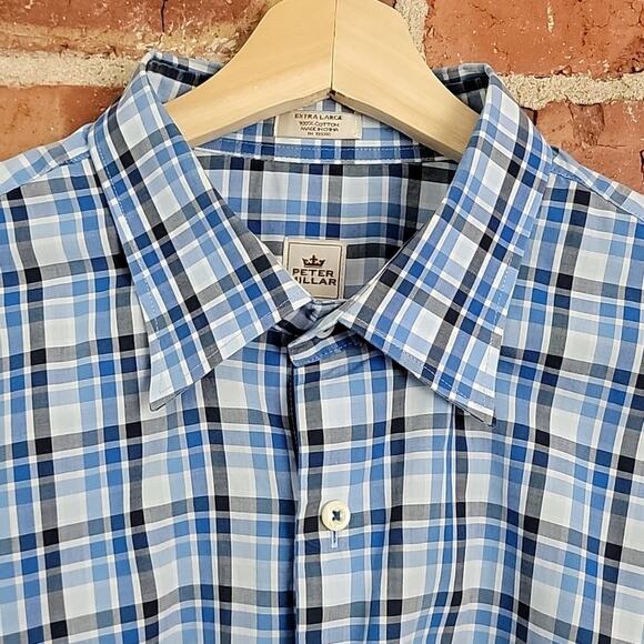 Peter Millar Hidden Button-Down Long-Sleeve Blue Plaid Dress Shirt XL - Picture 3 of 15